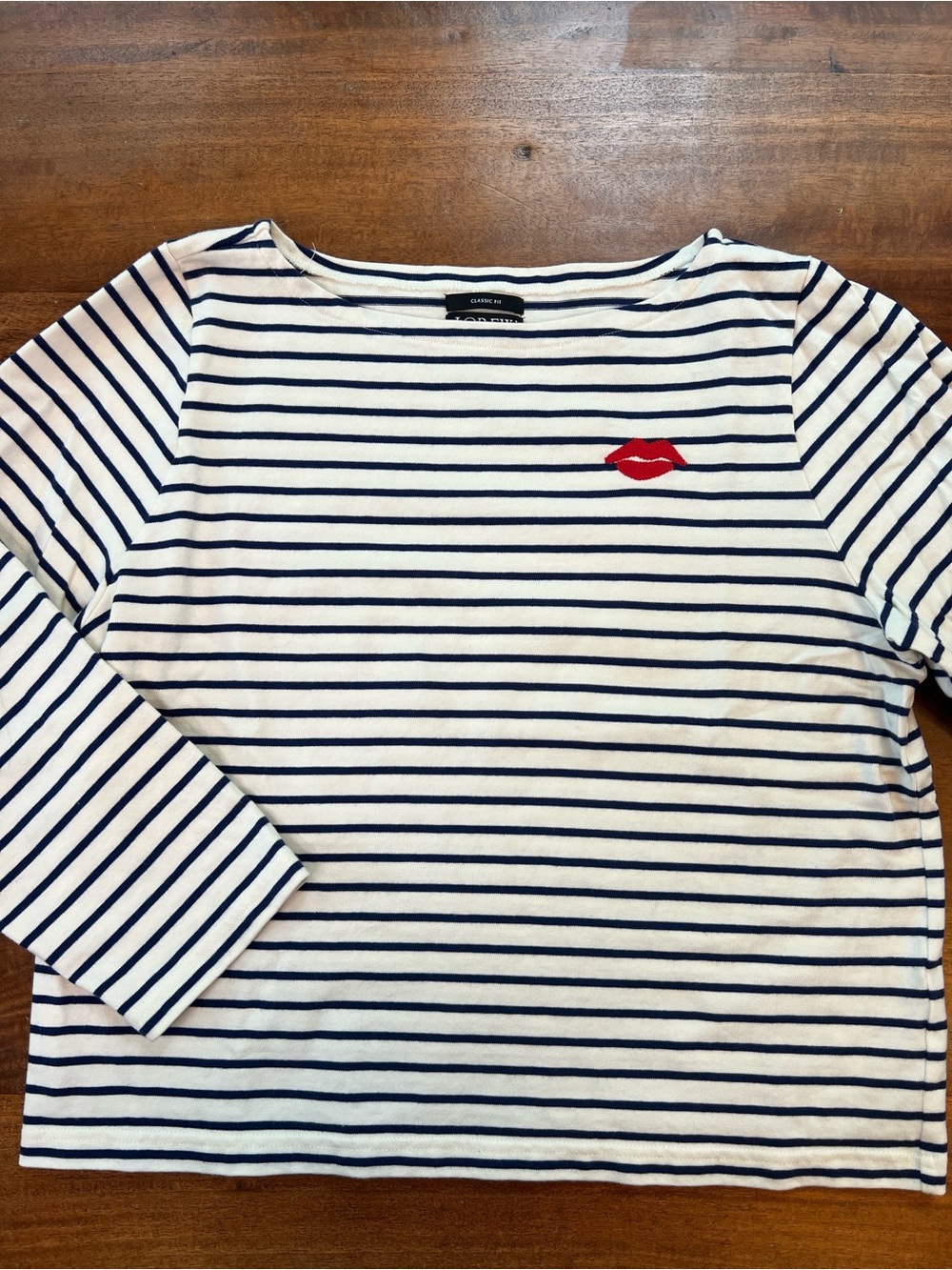 J. Crew "I Beg Your Pardon" Striped T Shirt  Blue Large Red Embroidered  Lips